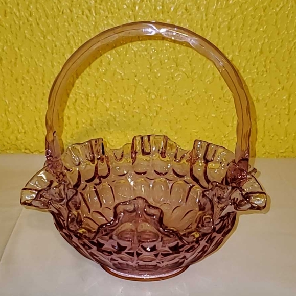 Fenton Colonial Pink Thumbprint Handled Art Glass Basket - Picture 2 of 7